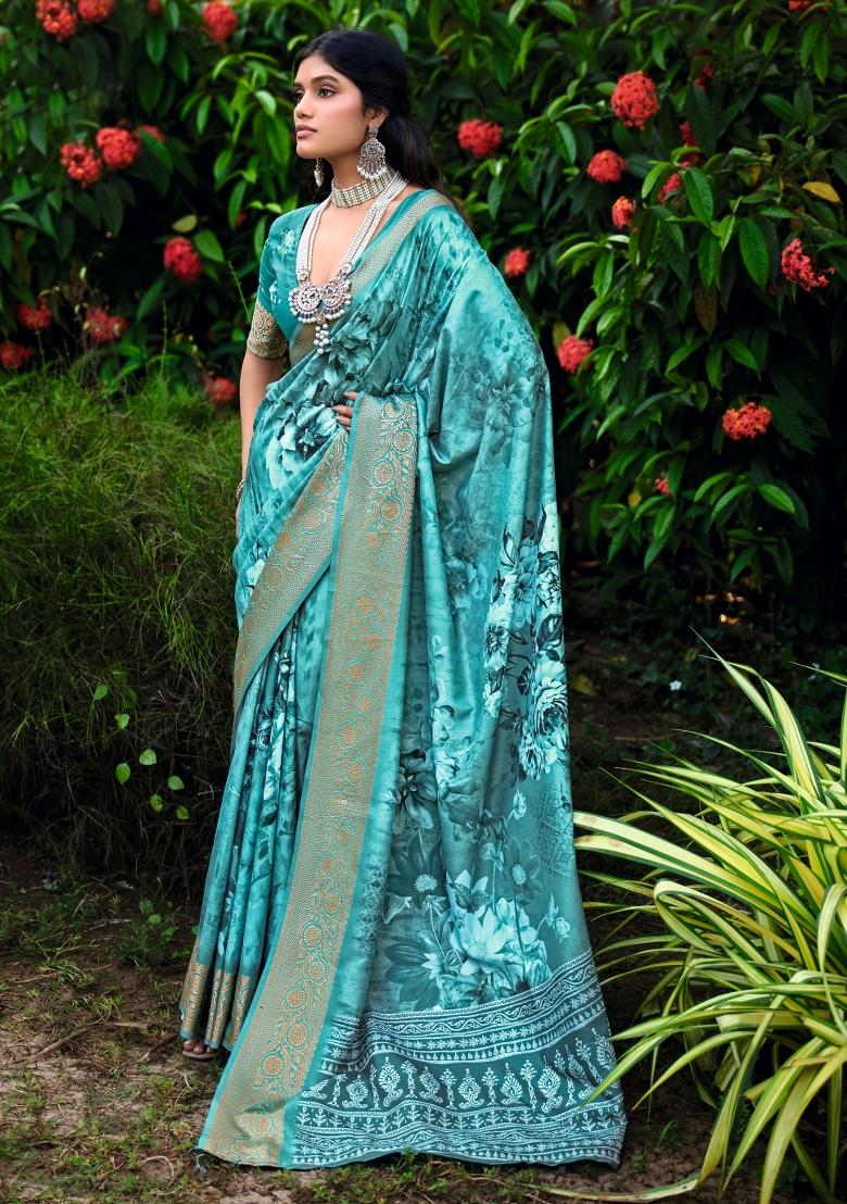 Turquoise Blue Floral Print Silk Blend Saree Set