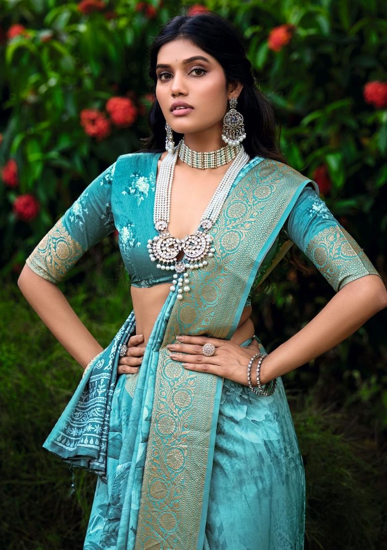 Turquoise Blue Floral Print Silk Blend Saree Set