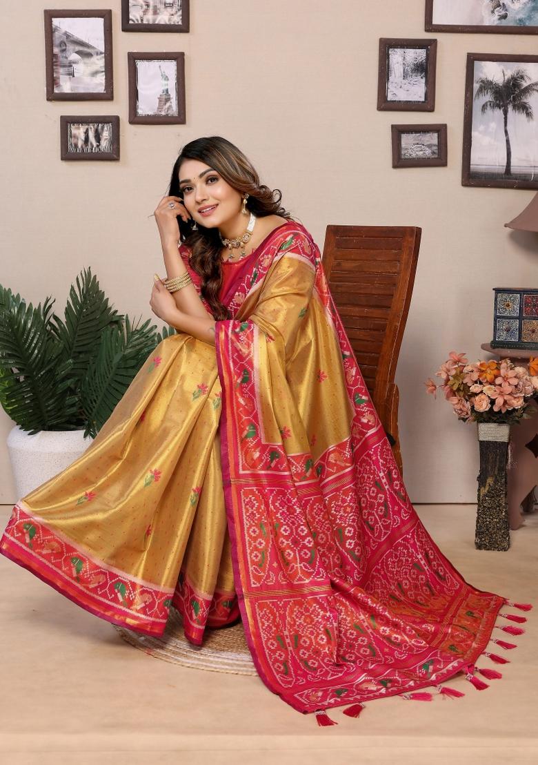 Pink Zari Woven Tissue Saree Set