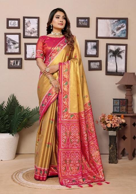 Pink Zari Woven Tissue Saree Set
