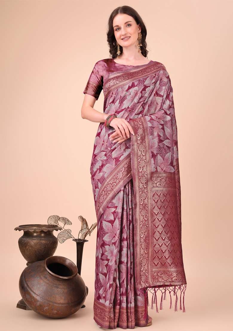 Magenta Floral Print Cotton Blend Saree Set - Indya