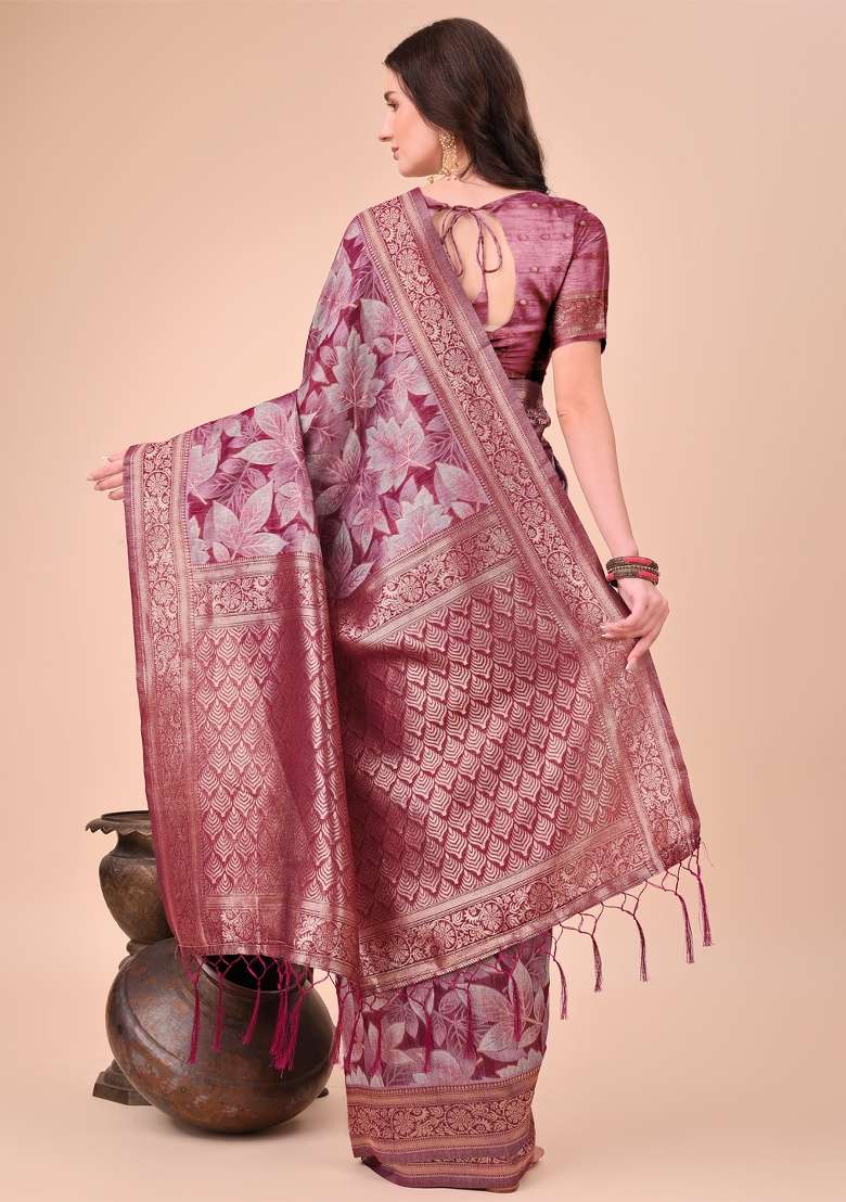 Magenta Floral Print Cotton Blend Saree Set - Indya