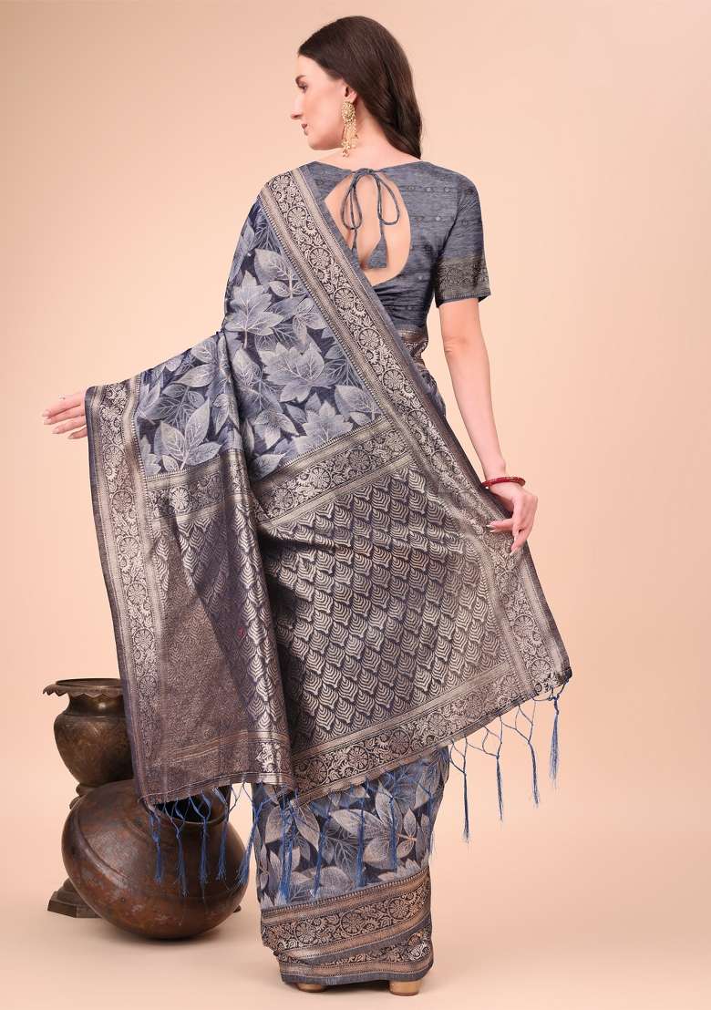 Navy Blue Floral Print Cotton Blend Saree Set - Indya