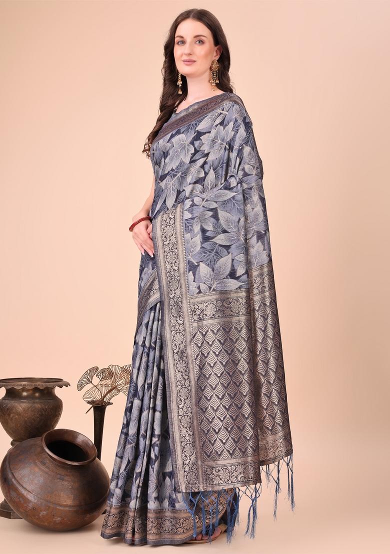 Navy Blue Floral Print Cotton Blend Saree Set
