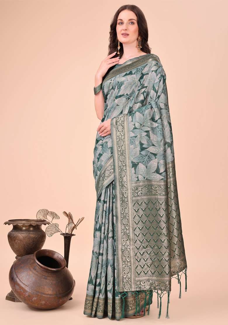 Green Floral Print Cotton Blend Saree Set - Indya