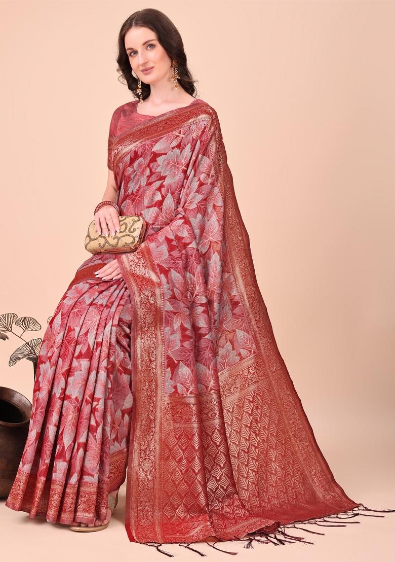 Red Floral Print Cotton Blend Saree Set