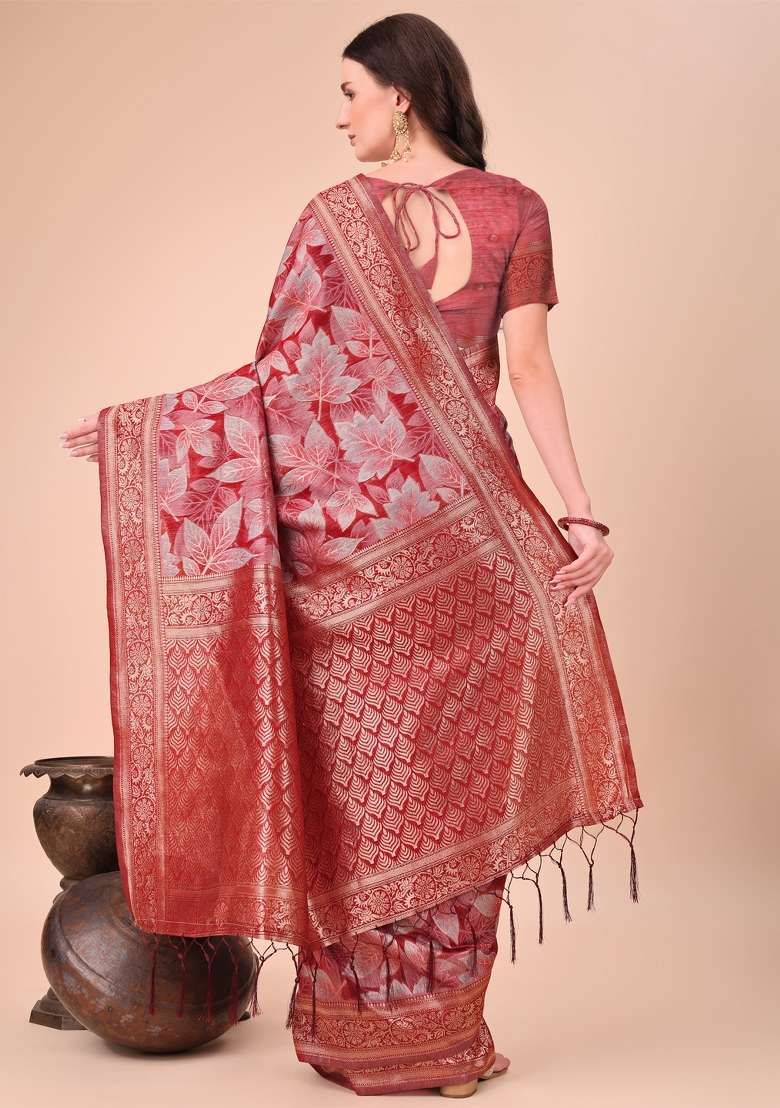 Red Floral Print Cotton Blend Saree Set - Indya
