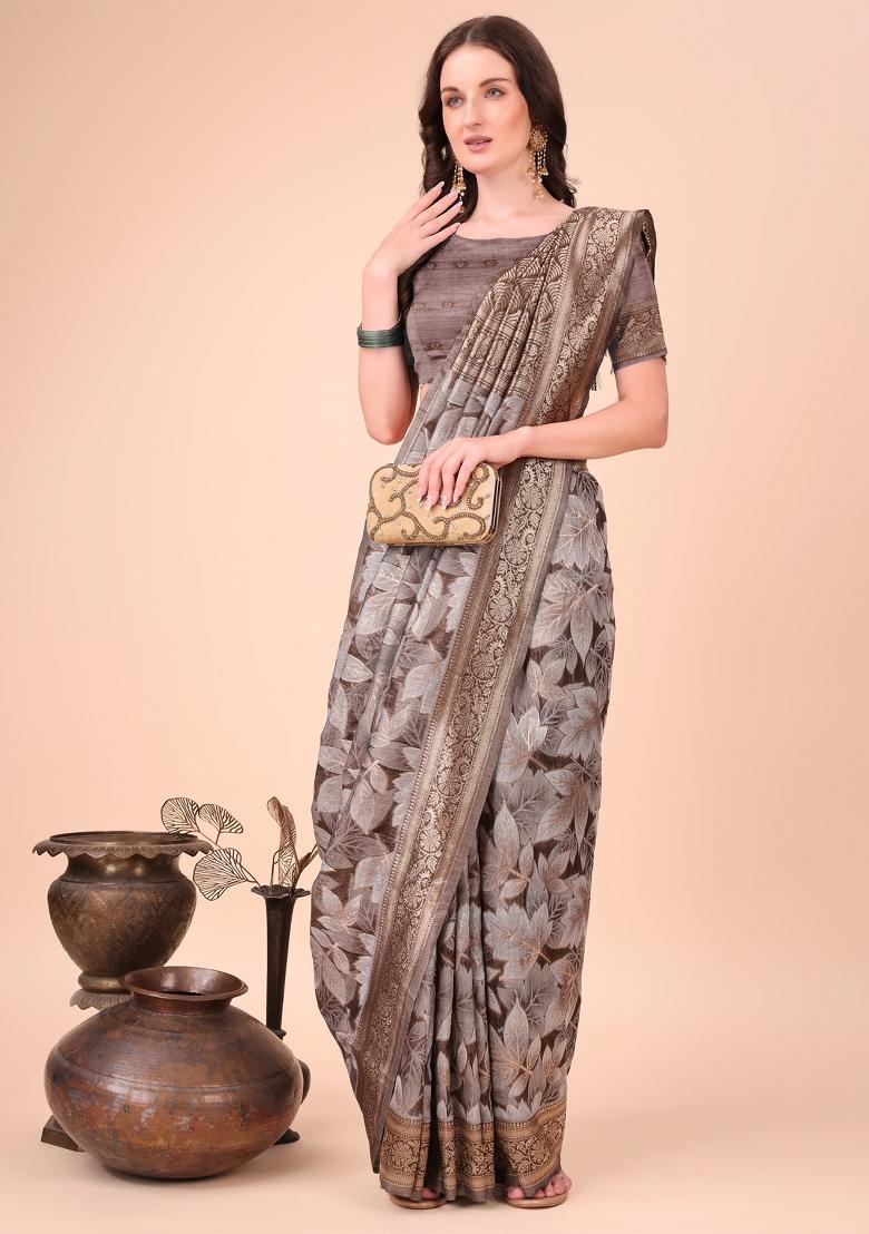 Brown Floral Print Cotton Blend Saree Set