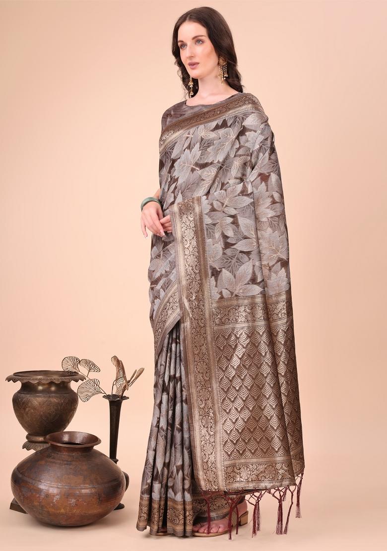 Brown Floral Print Cotton Blend Saree Set