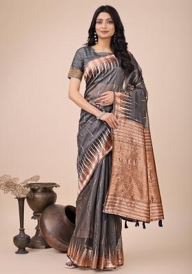 Grey Zari Woven Cotton Blend Saree Set