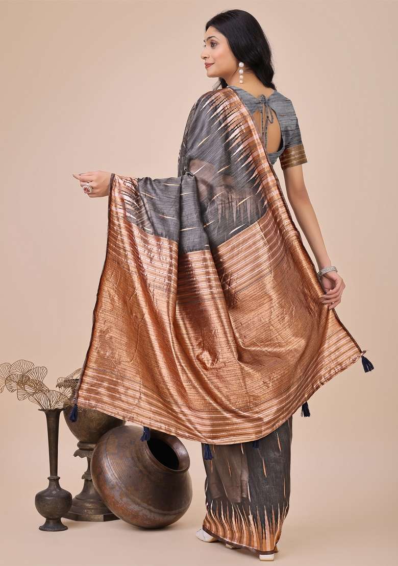 Grey Zari Woven Cotton Blend Saree Set - Indya