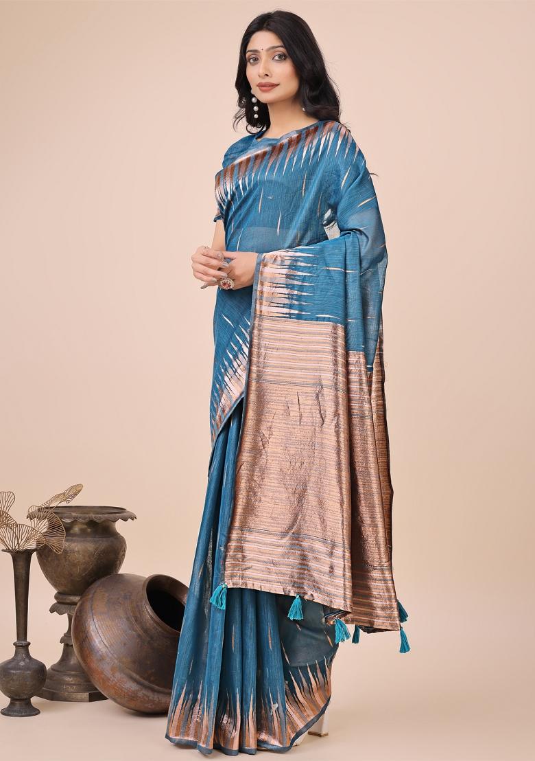 Blue Zari Woven Cotton Blend Saree Set