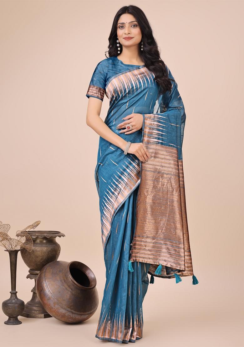 Blue Zari Woven Cotton Blend Saree Set