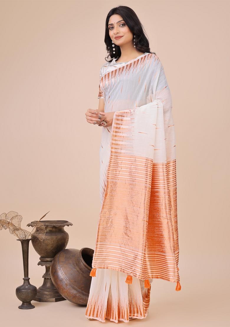 White Zari Woven Cotton Blend Saree Set