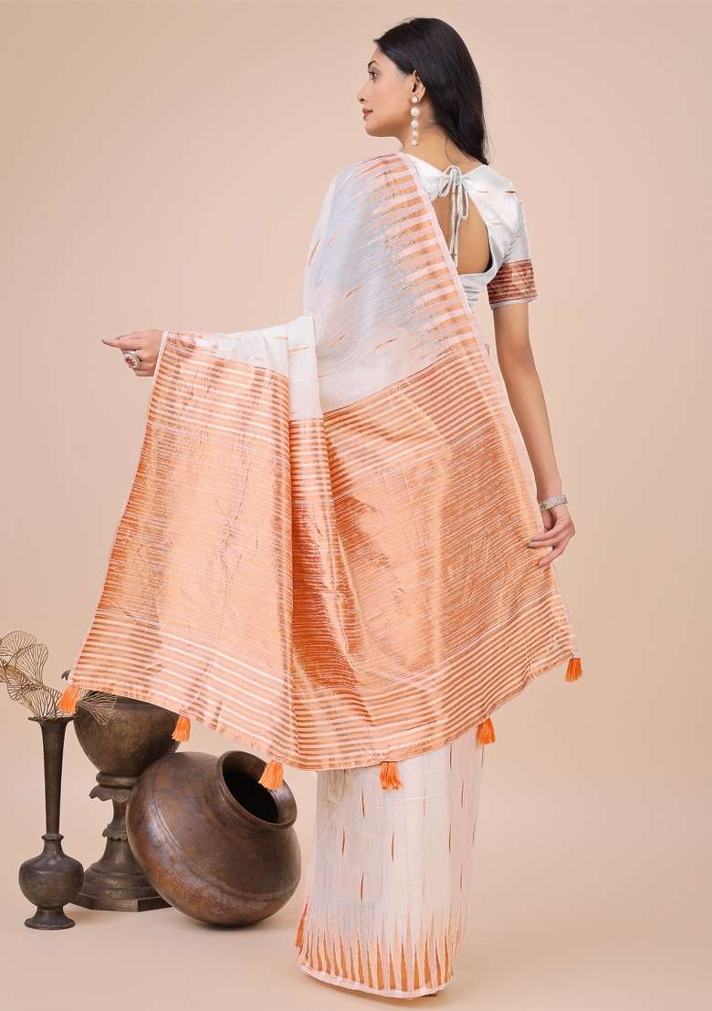 White Zari Woven Cotton Blend Saree Set - Indya