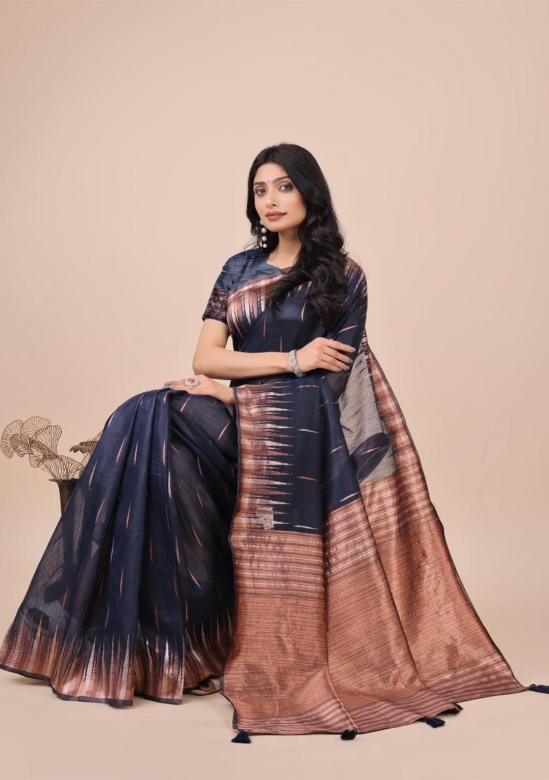 Navy Blue Zari Woven Cotton Blend Saree Set