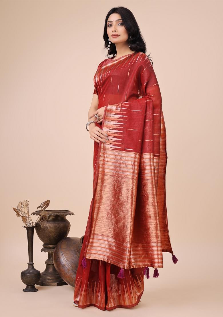 Red Zari Woven Cotton Blend Saree Set