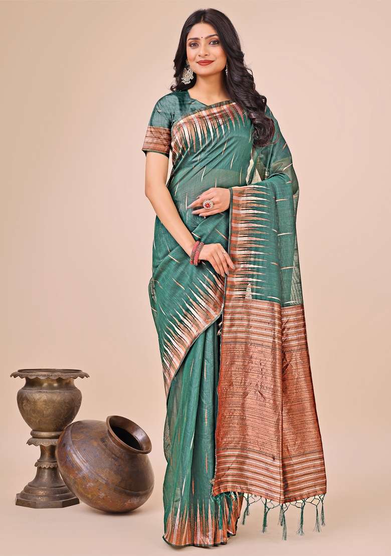 Green Zari Woven Cotton Blend Saree Set - Indya