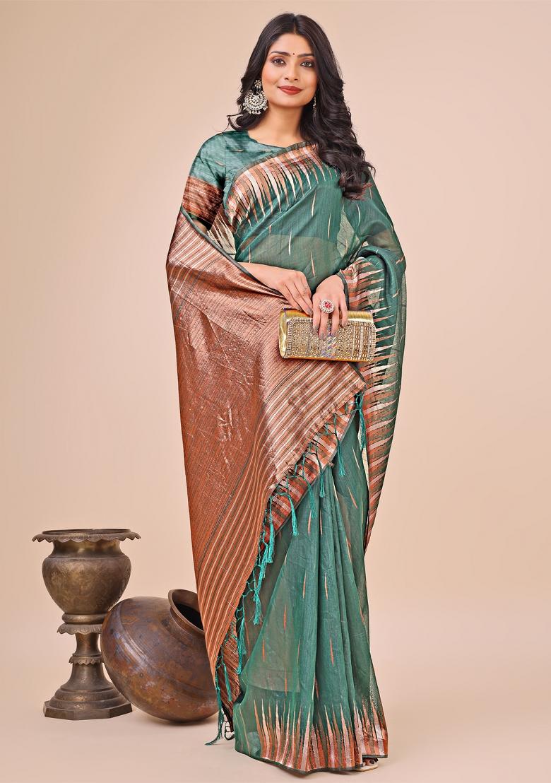 Green Zari Woven Cotton Blend Saree Set