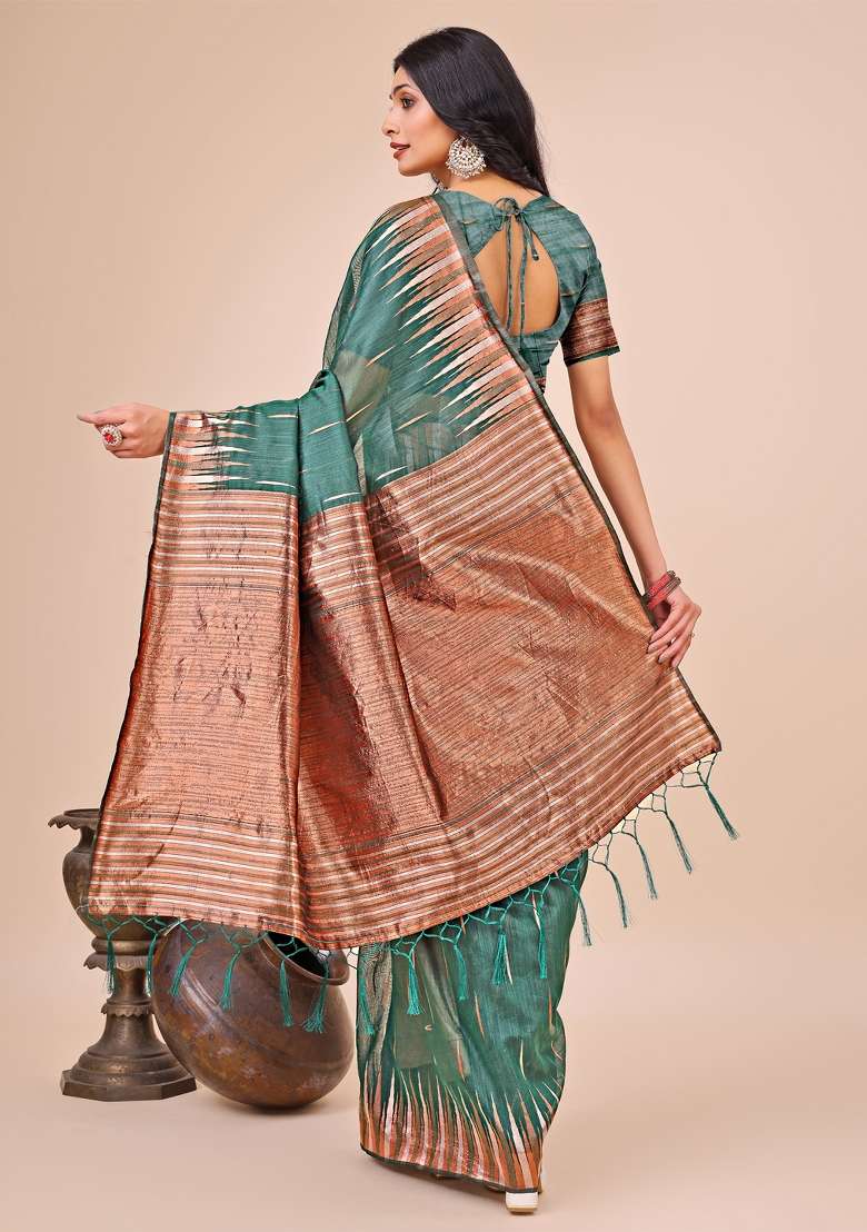 Green Zari Woven Cotton Blend Saree Set - Indya