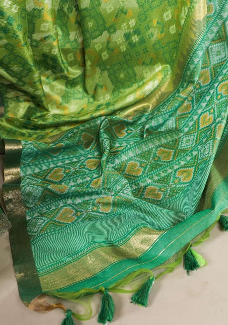 Green Bandhani Print Art Silk Saree Set - Indya