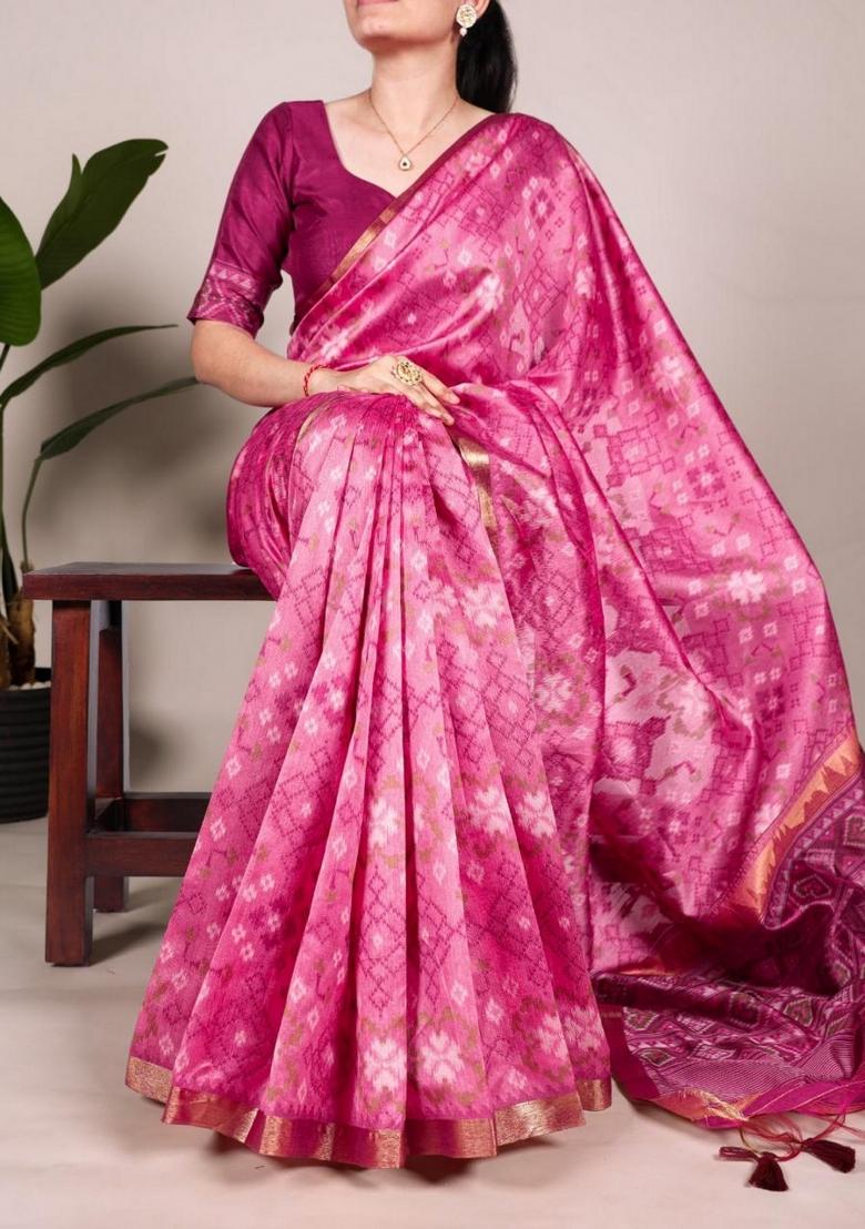 Magenta Bandhani Print Art Silk Saree Set