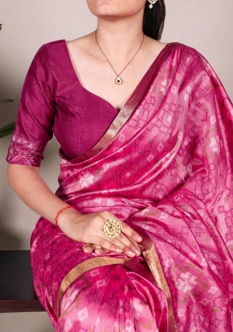 Magenta Bandhani Print Art Silk Saree Set
