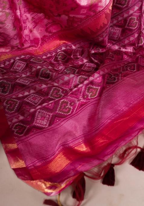 Magenta Bandhani Print Art Silk Saree Set