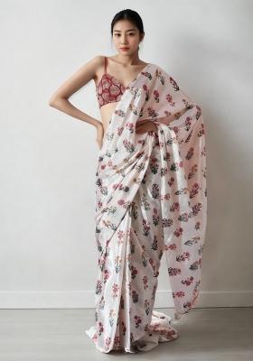 Cream Abstract Print Art Silk Saree Set
