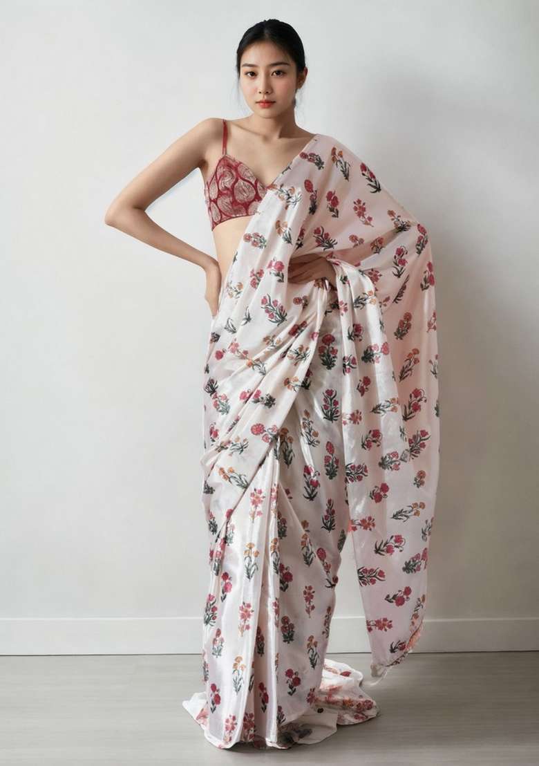 Cream Abstract Print Art Silk Saree Set for Diwali and Festive Wear - Indya