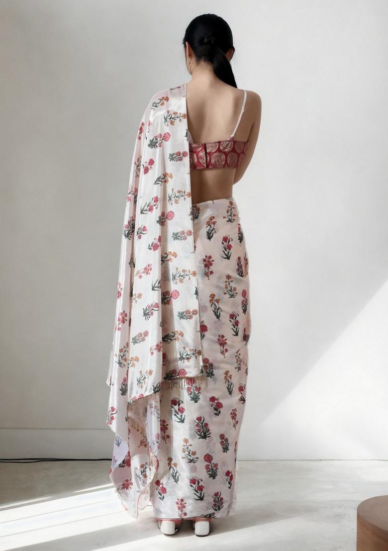 Cream Abstract Print Art Silk Saree Set