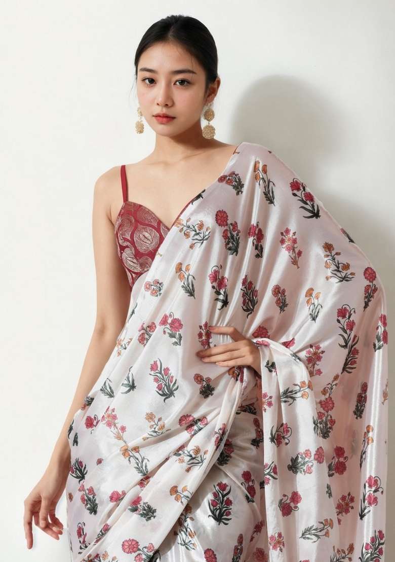 Cream Abstract Print Art Silk Saree Set for Diwali and Festive Wear - Indya