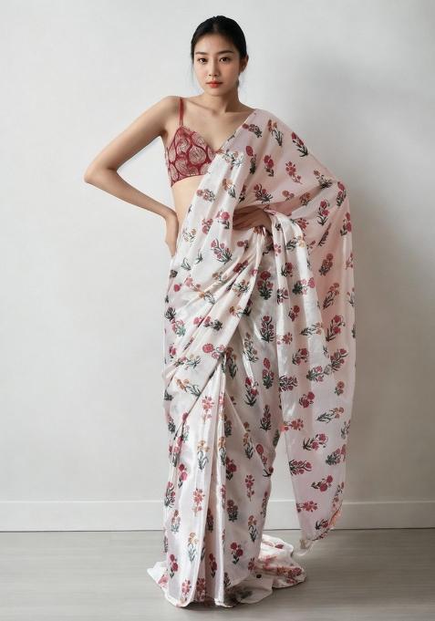 Cream Abstract Print Art Silk Saree Set