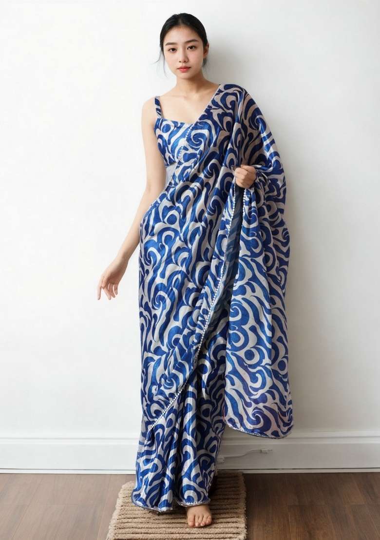 Blue Abstract Print Art Silk Saree Set for Diwali and Festive Wear - Indya