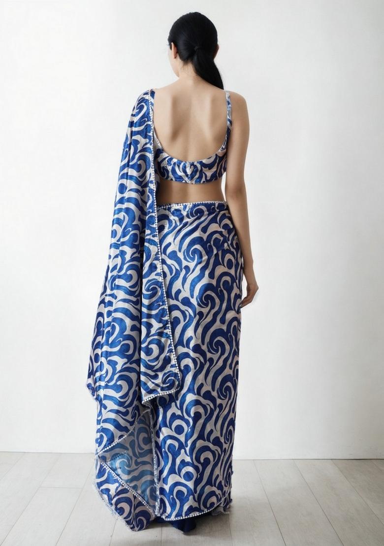 Blue Abstract Print Art Silk Saree Set