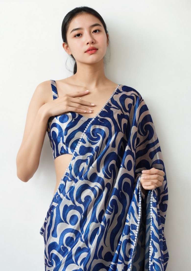 Blue Abstract Print Art Silk Saree Set for Diwali and Festive Wear - Indya