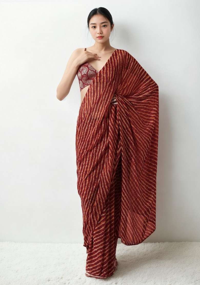 Red Abstract Print Chiffon Saree Set - Indya