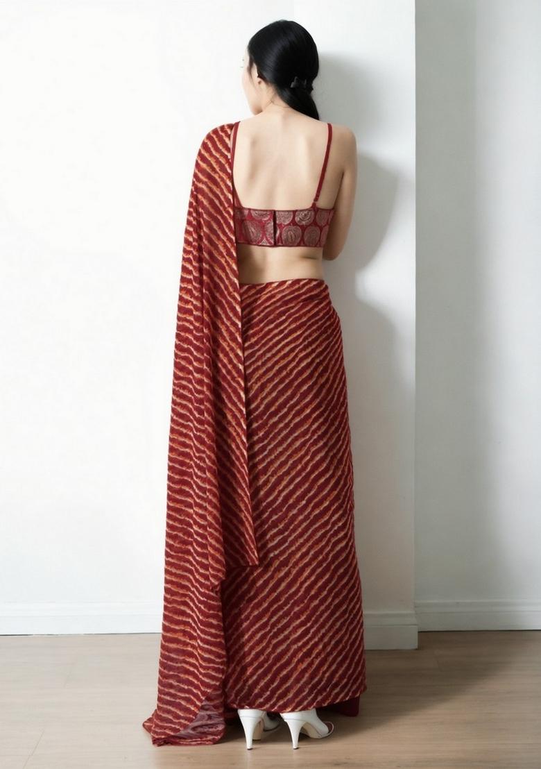 Red Abstract Print Chiffon Saree Set