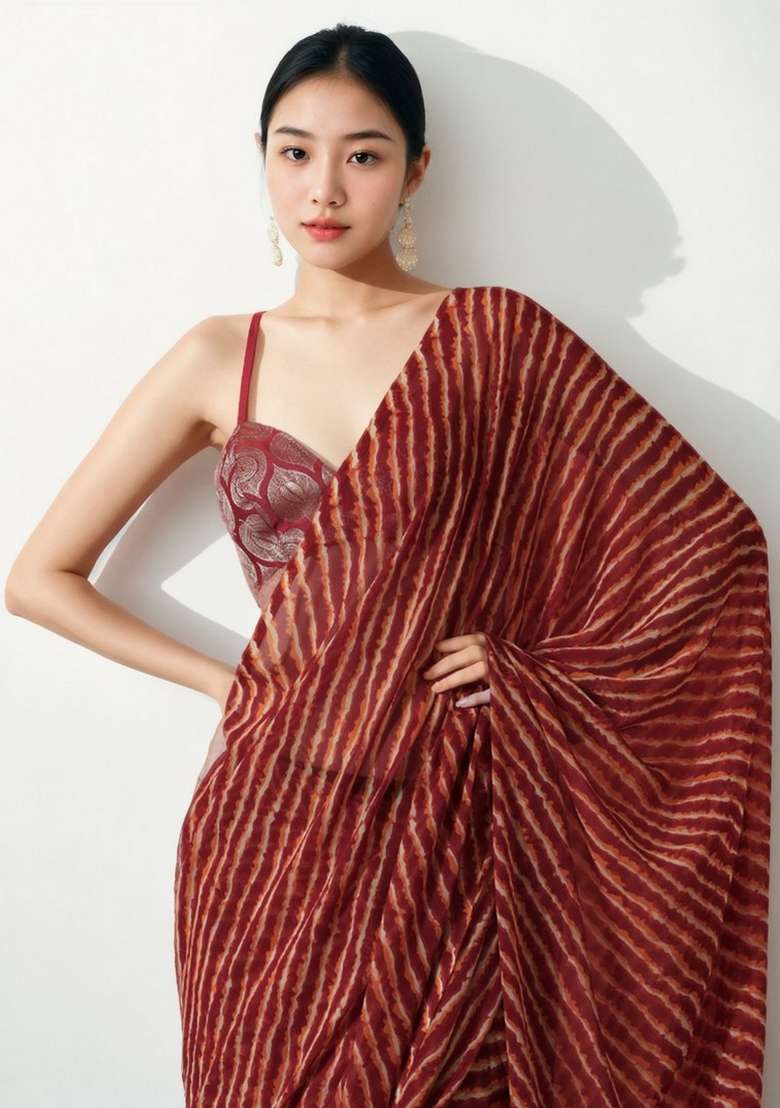 Red Abstract Print Chiffon Saree Set - Indya