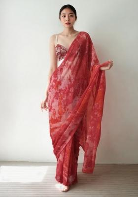 Pink Abstract Print Chiffon Saree Set