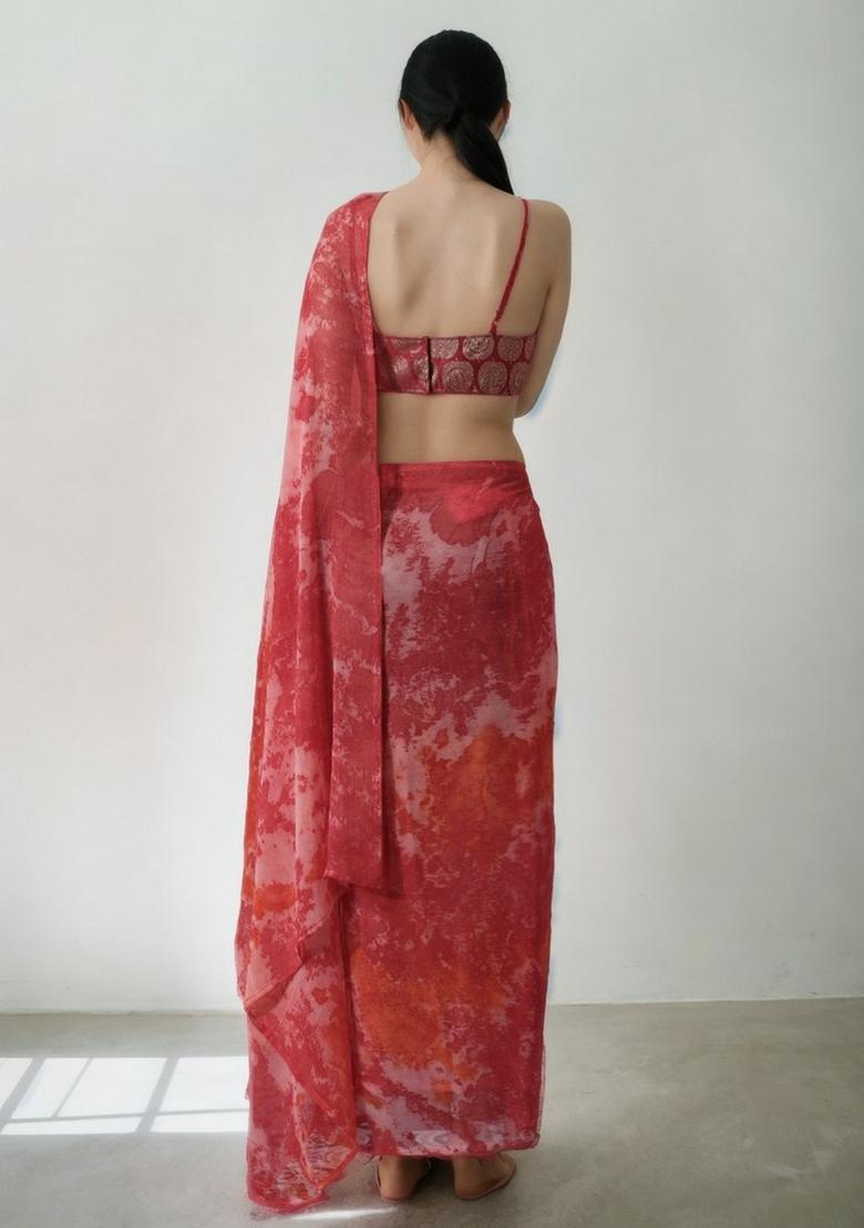 Pink Abstract Print Chiffon Saree Set