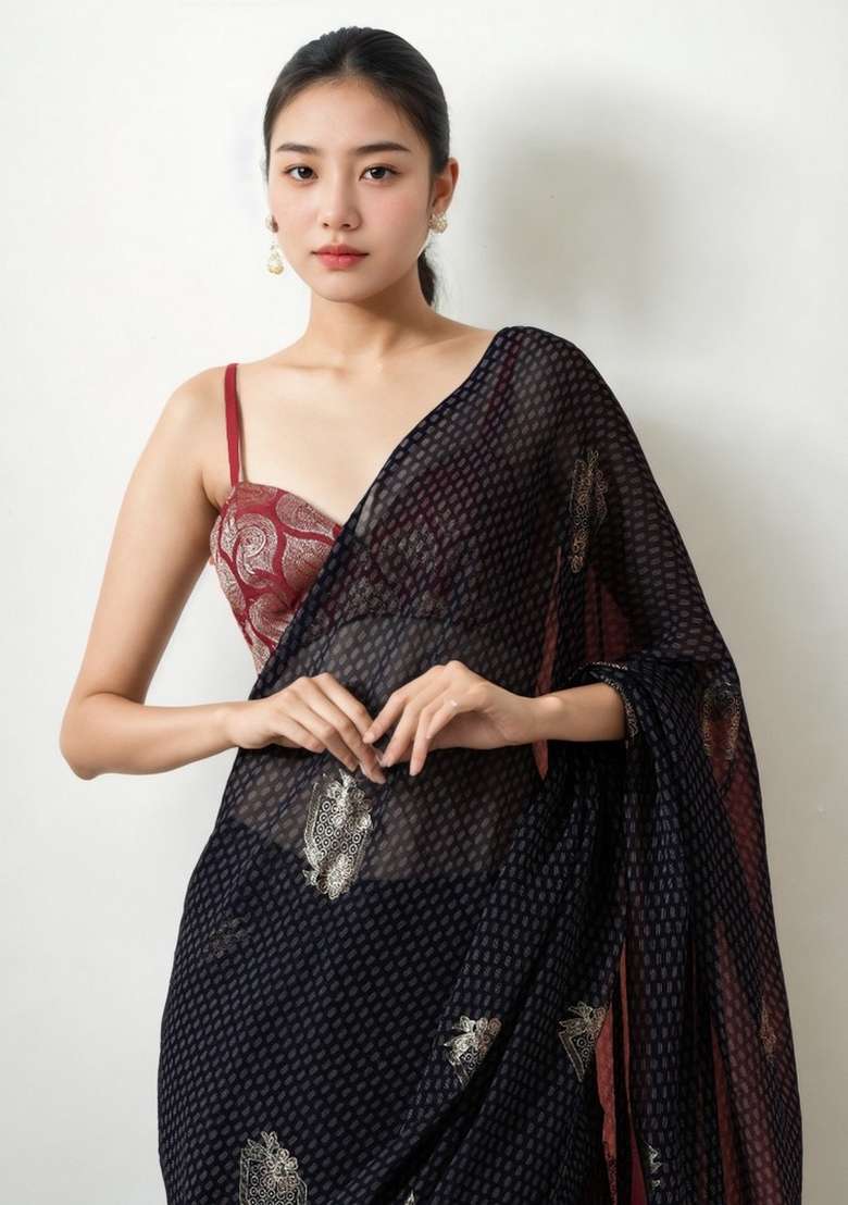 Navy Blue Chiffon Saree Set with Abstract Print for Diwali | Wedding & Festive Wear - Indya