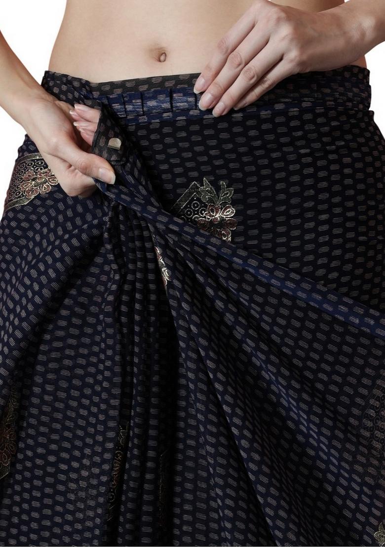 Navy Blue Abstract Print Chiffon Saree Set