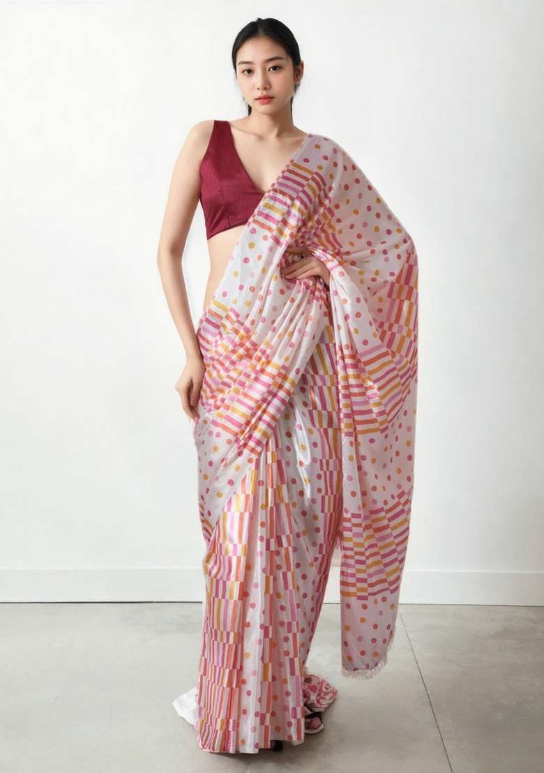 Cream Art Silk Saree Set with Abstract Print for Diwali | Wedding & Festive Wear - Indya