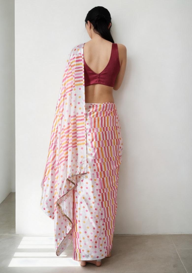 Cream Abstract Print Art Silk Saree Set