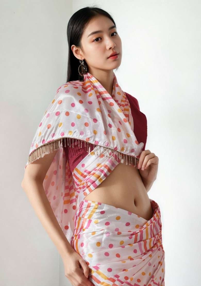 Cream Art Silk Saree Set with Abstract Print for Diwali | Wedding & Festive Wear - Indya
