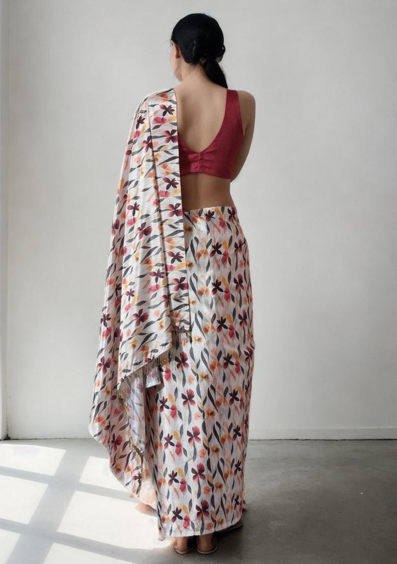 Grey Abstract Print Art Silk Saree Set