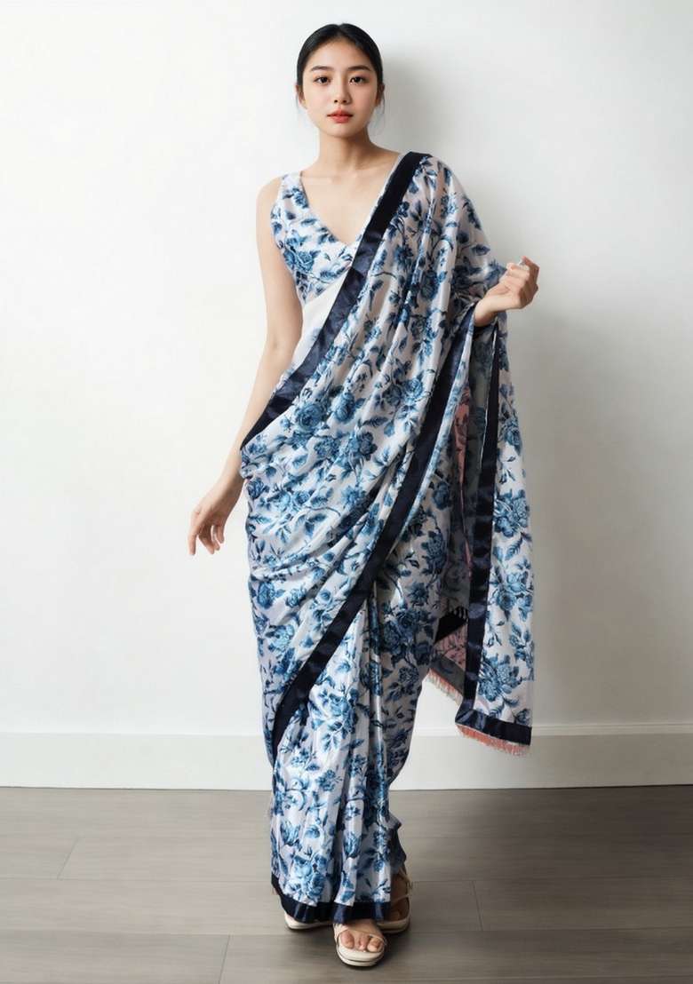 White Abstract Print Art Silk Saree Set for Diwali and Festive Wear - Indya