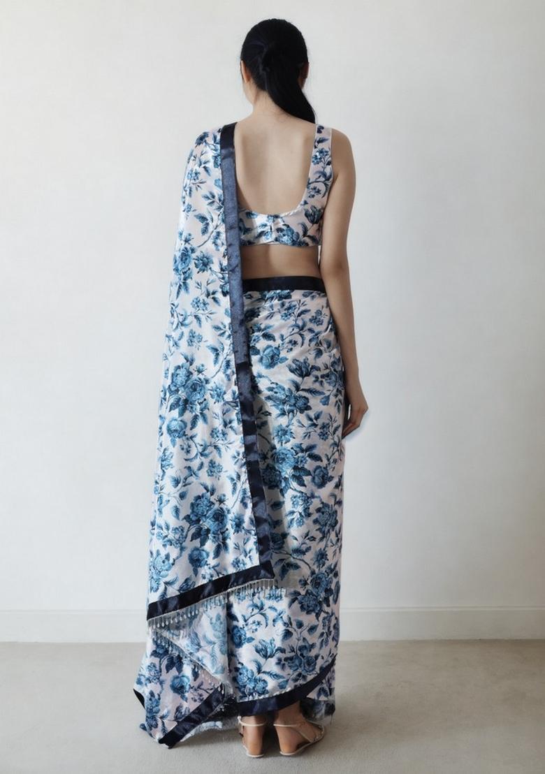 White Abstract Print Art Silk Saree Set