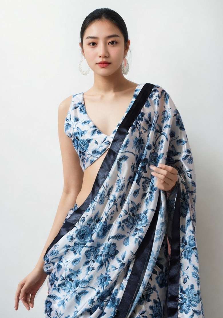 White Abstract Print Art Silk Saree Set for Diwali and Festive Wear - Indya